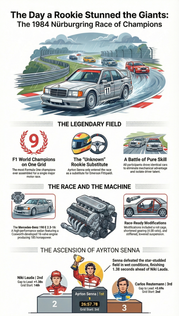 This infographic explains all the events that happen on On May 12, 1984 at 1984 Nürburgring Race of Champions which Senna won and the MiniGT miniature model of Senna's Mercedes-Benz 190 E 2.3-16.